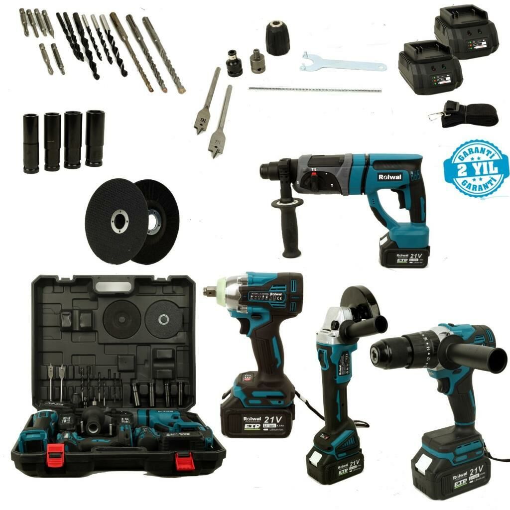 Rolwal Akülü El Aletleri Seti 21V 4 Amper - Şarjlı Hilti - Şarjlı Avuç Taşlama - Şarjlı Vidalama - Şarjlı Somun Sıkma