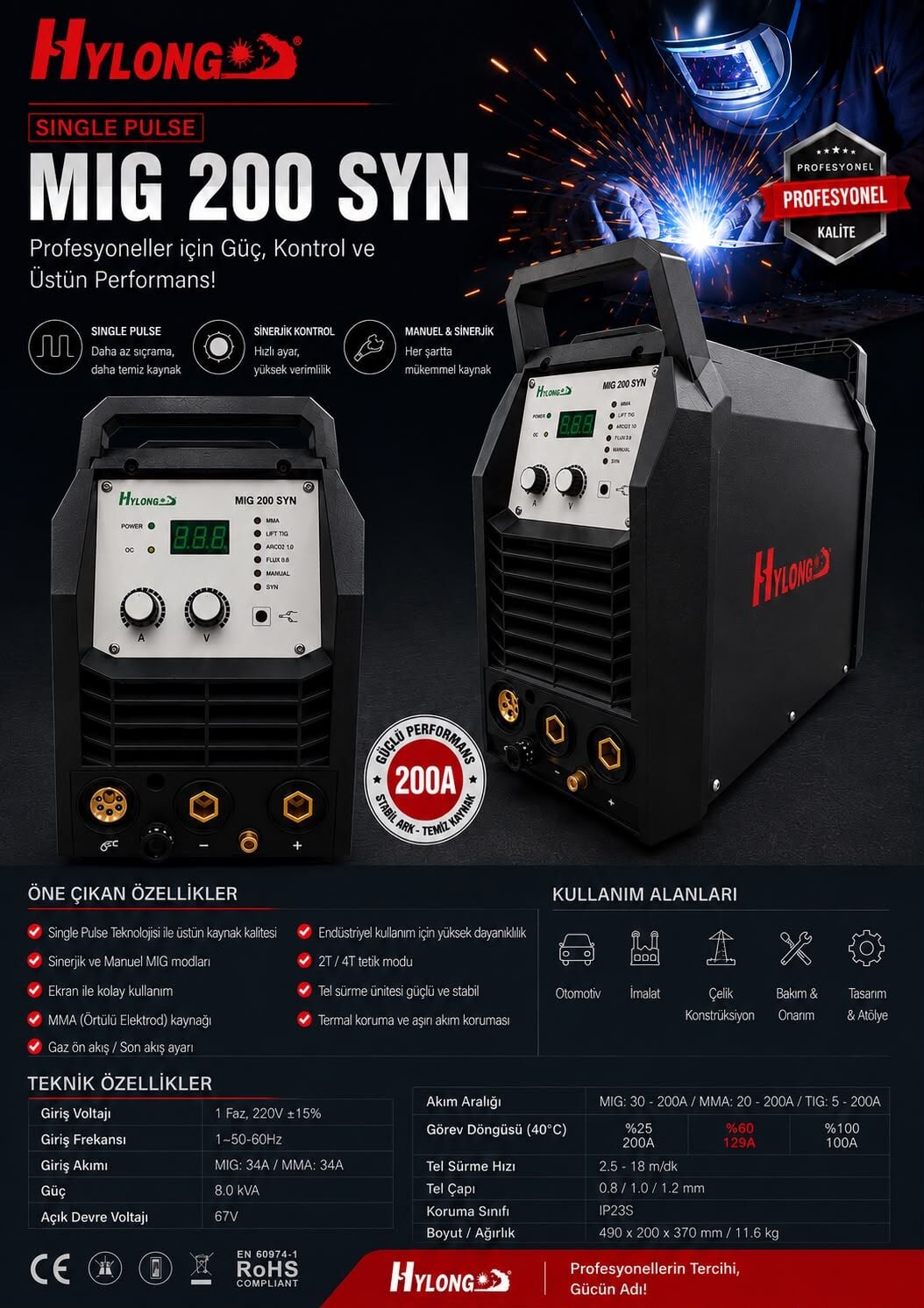 HYLONG SİNGLE PULSE MİG 200 SYN GAZALTI KAYNAK MAKİNESİ